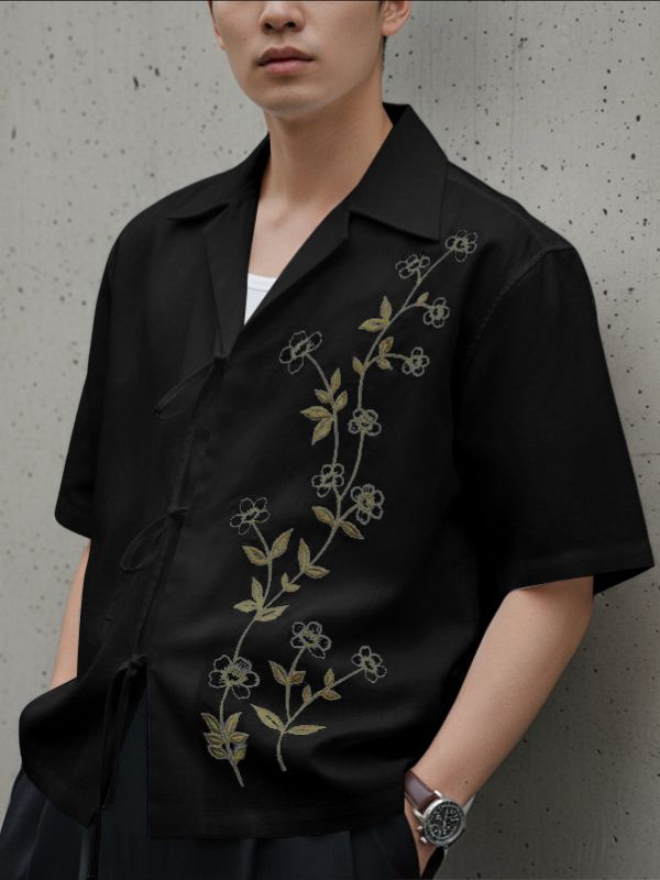 Men's Floral Embroidery Short Sleeve Shirt SKUL38936