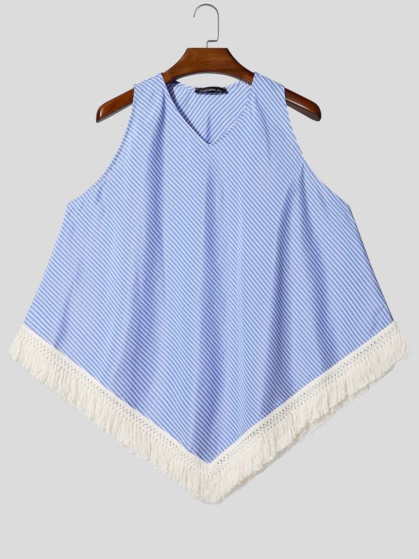 Men's Avant-Garde Party Raw Fringed Diagonal Stripe Oversized Sleeveless V-Neck Tank SKUL81030