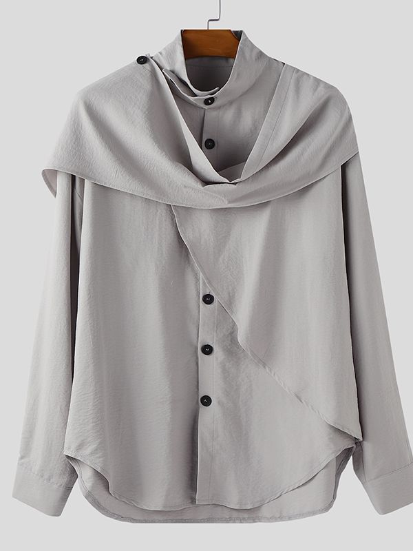 Men's Ribbon Scarf Stand Collar Long Sleeve Shirt SKUL36332