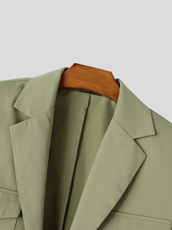 Men's Clean-Fit Minimalist City Walk Notch Lapel Metal Buckle Flap Pocket Cropped Blazer SKUL85231