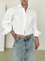 Men's Solid Color Cropped Long Sleeve Shirt SKUL43966