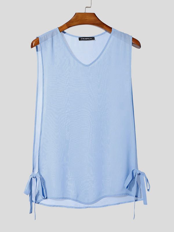 Men's Sheer Chiffon Deep Side Split Tie Hem V-Neck Tank SKUL63642