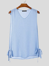 Men's Sheer Chiffon Deep Side Split Tie Hem V-Neck Tank SKUL63642