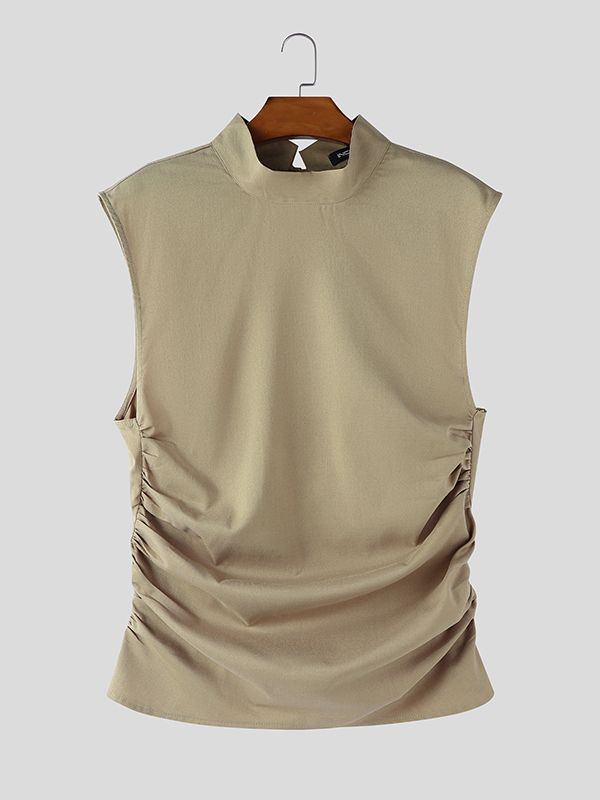 Men's Back Tie Ruched Half High Neck Tank SKUL48642