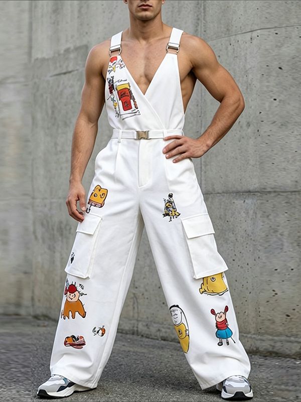 Men's Avant-Garde Cartoon Graphic Print Deep V-Neck Wide-Leg Cargo Jumpsuit SKUL65257