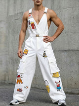 Men's Avant-Garde Cartoon Graphic Print Deep V-Neck Wide-Leg Cargo Jumpsuit SKUL65257