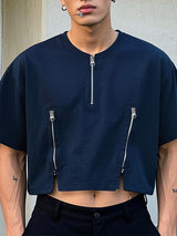 Mens Half-Zip Cropped Short-Sleeve T-Shirt SKUL09317