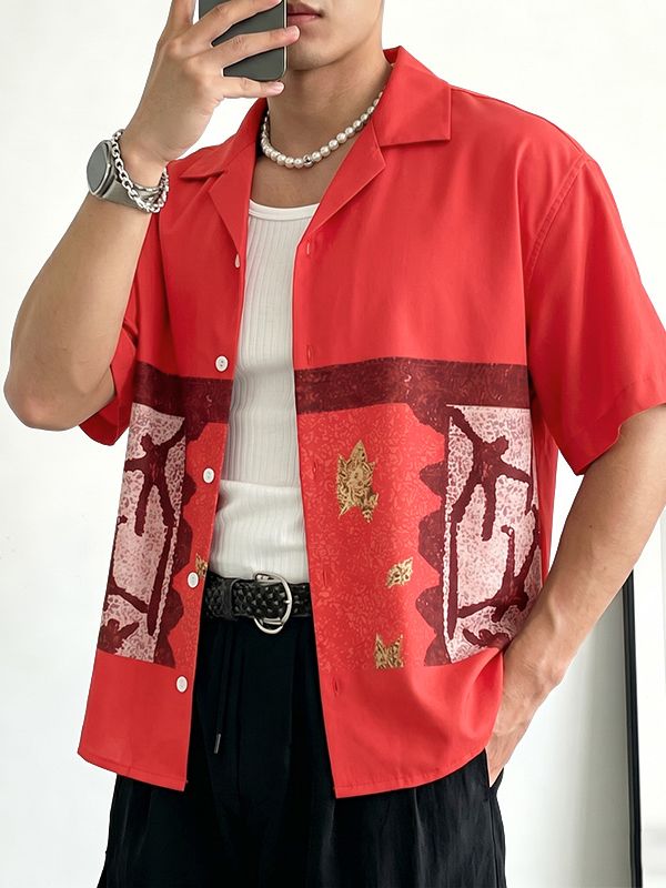 Men's Vintage Ethnic Block Printed Cuban Camp Collar Relaxed Fit Short Sleeve Shirt SKUL63056