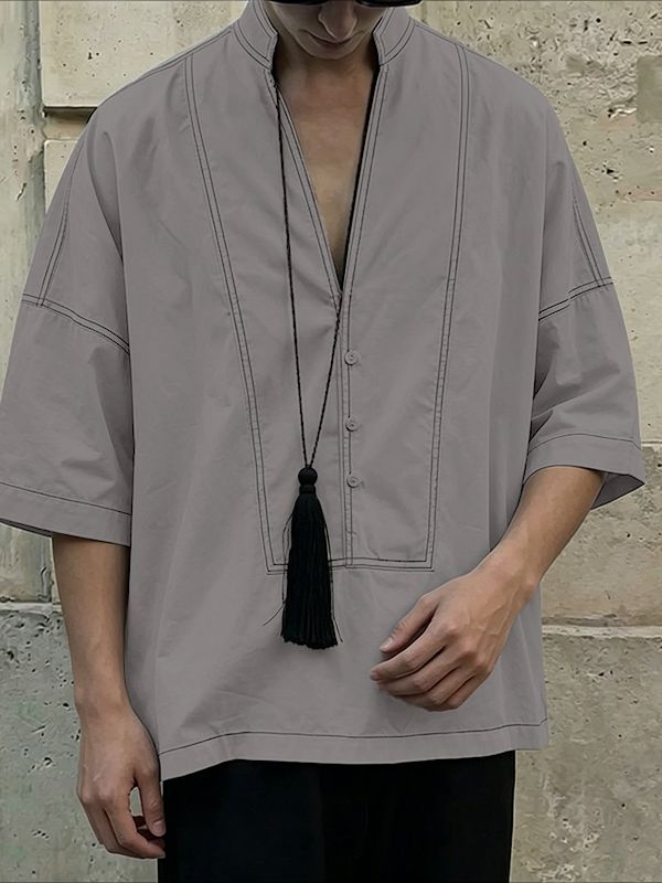 Men's Vintage Casual Contrast Stitching Deep V Neck Short Sleeve Shirt SKUL63973