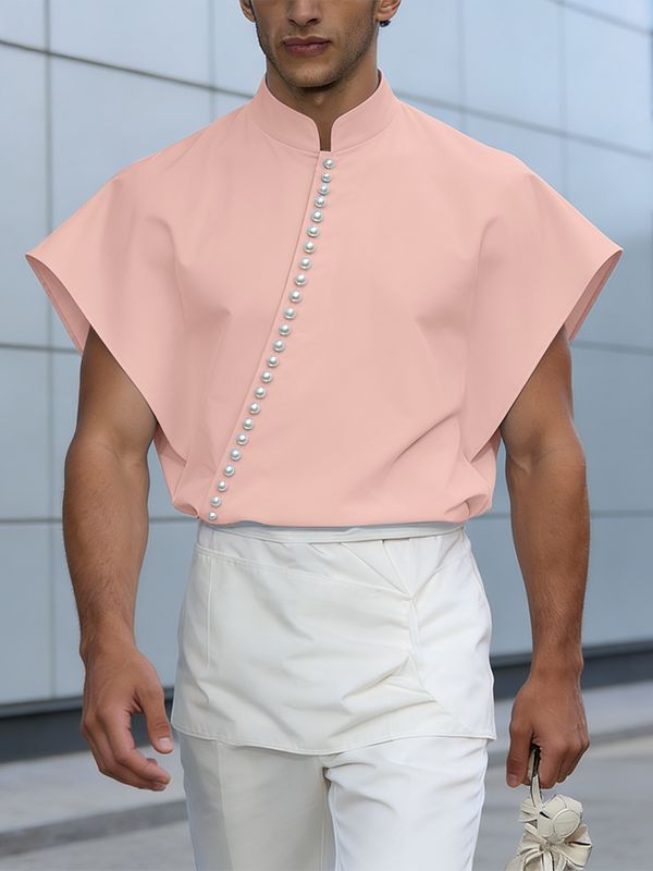 Men's Avant-Garde Asymmetrical Pearl Button Mandarin Collar Sculptural Shirt SKUL57186