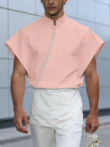 Men's Avant-Garde Asymmetrical Pearl Button Mandarin Collar Sculptural Shirt SKUL57186