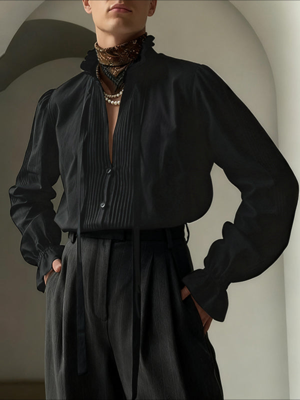Men's Solid Color Ribbon Pleated Ruffle Long Sleeve Shirt SKUL43737