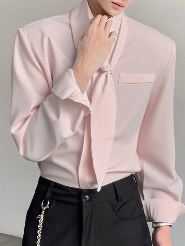 Men's Solid Color Tie Long Sleeve Shirt SKUL42397