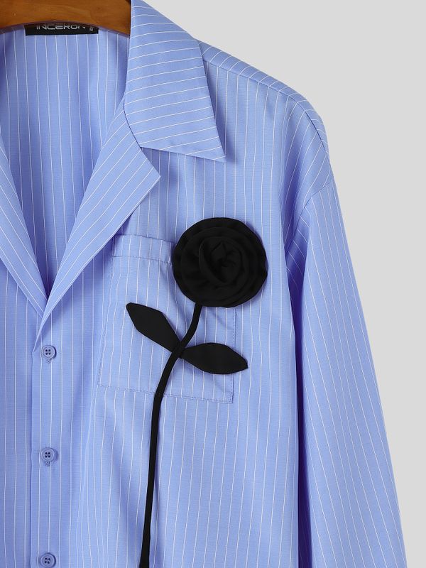 Men's Romantic Avant-Garde 3D Rose Appliqué Deep V-Neck Cropped Pinstripe Shirt SKUL79631