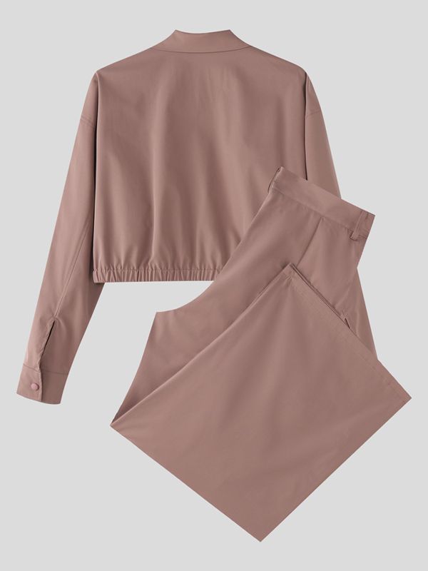 Men's Solid Color Cropped Zip Two Pieces Outfit SKUL41219