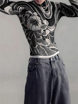 Men's Floral Tattoo Print High Neck Long Sleeve T-shirt SKUL45282