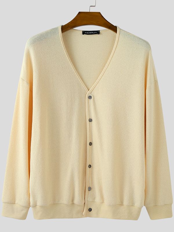 Men's Textured Knit V Neck Long Sleeve Cardigan SKUL33862