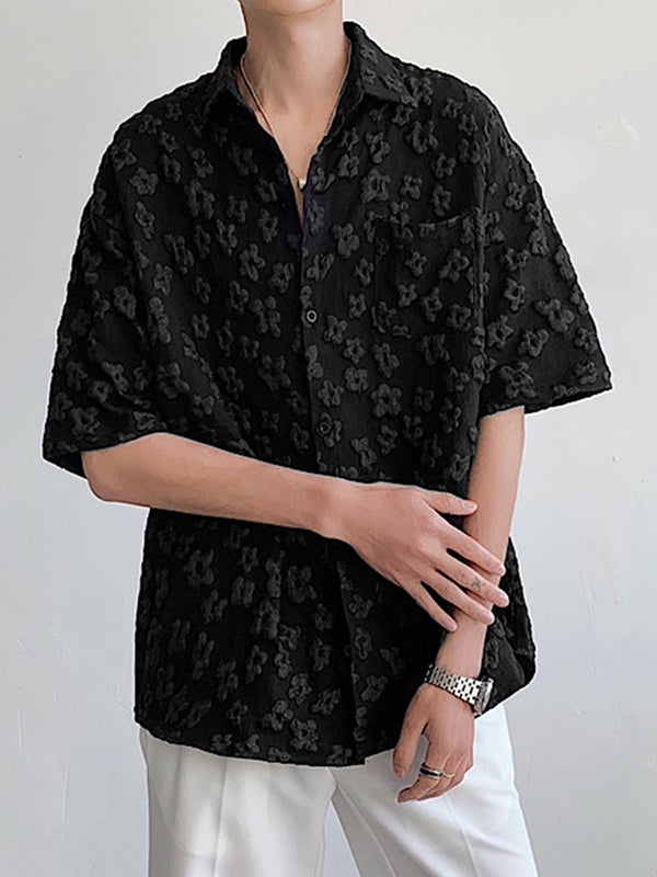 Mens Floral Jacquard Lapel Short Sleeve Shirt SKUK12443