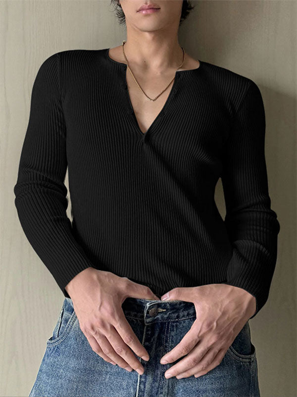 Men's Solid Texture Ribbed Long Sleeve T-Shirt SKUL29521