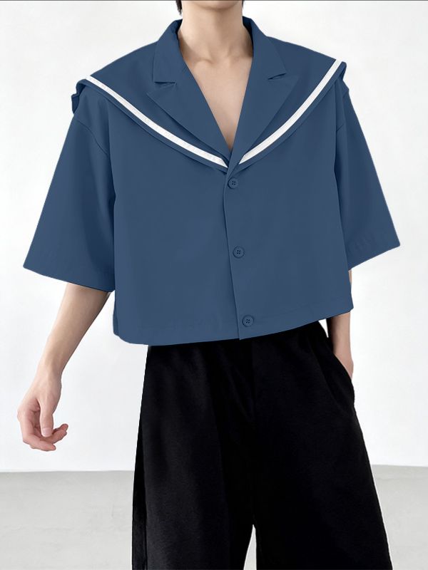 Men's Sailor Collar Contrast Color Short Sleeve Shirt SKUL41297