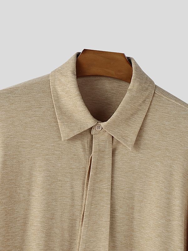 Men's Solid Color Tie Patchwork Cropped Long Sleeve Shirt SKUL48754