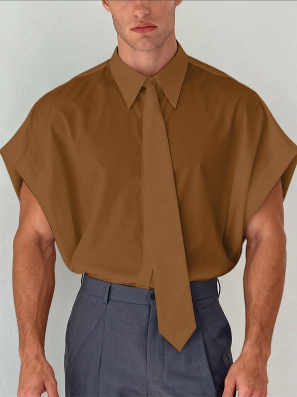 Men's Solid Color Tie Batwing Sleeve Shirt SKUL42631