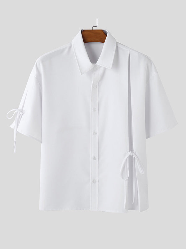 Mens Solid Color Lace-Up Patchwork Short Sleeve Shirt SKUL07812