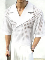 Men's Avant-Garde Sheer Mesh Notched Lapel Cropped Short Sleeve Shirt SKUL55513