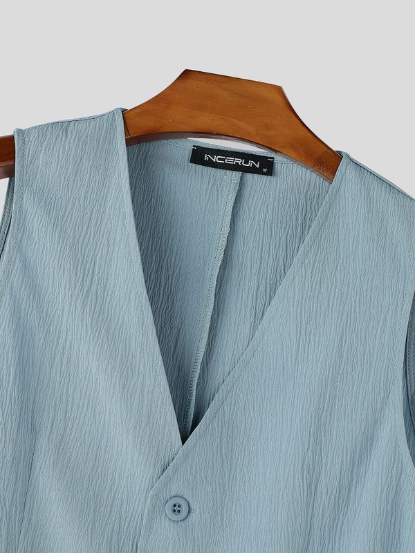 Men's Summer Casual Textured Deep V-Neck Two Pieces Outfit SKUL69692