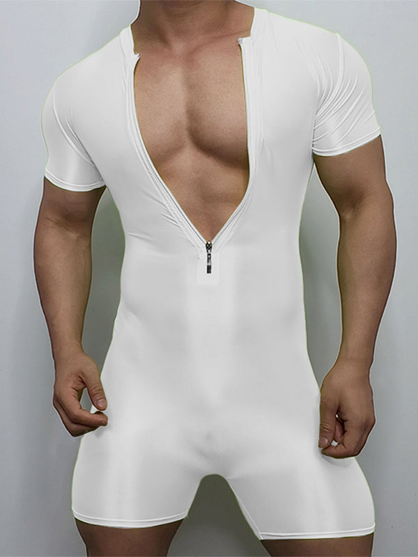 Mens Ice Silk Zip-Up Fitted Short Sleeve Bodysuit SKUL10799