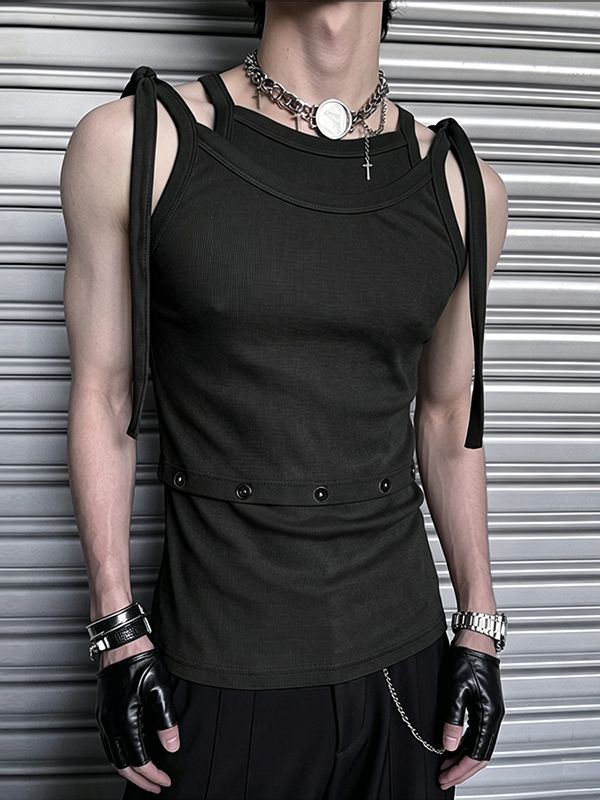 Men's Avant-Garde Multi-Strap Tie Shoulder Button Decor Fit Ribbed Tank SKUL74520