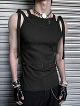 Men's Avant-Garde Multi-Strap Tie Shoulder Button Decor Fit Ribbed Tank SKUL74520