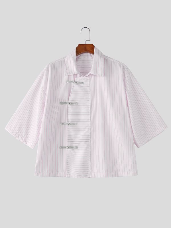 Men's New Chinese Style Vertical Stripe Frog Button Short Sleeve Shirt SKUL60142