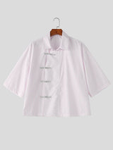 Men's New Chinese Style Vertical Stripe Frog Button Short Sleeve Shirt SKUL60142