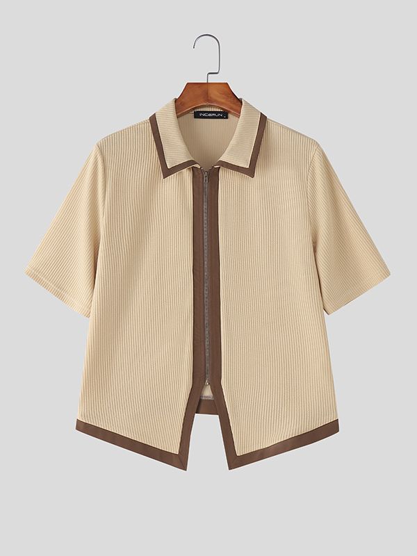 Men's Knit Contrast Color Zipper Short Sleeve Cardigan SKUL48006