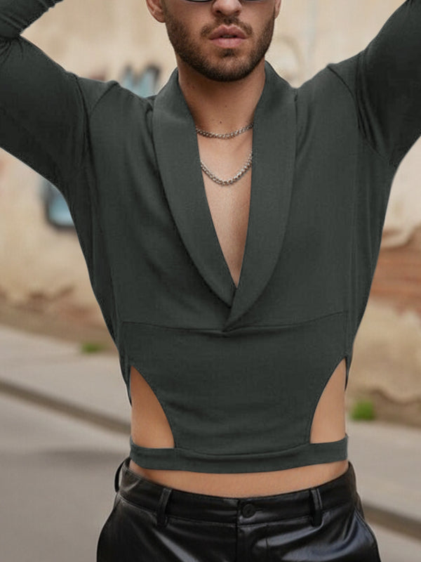 Men's Waist Cutout V Neck Long Sleeve T-shirt SKUL45203