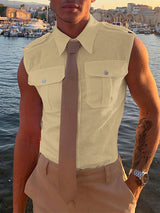 Mens Solid Double Pockets Sleeveless Shirt SKUK46353