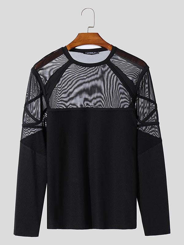 Mens Mesh Patchwork Sheer Long Sleeve T-Shirt SKUK84224