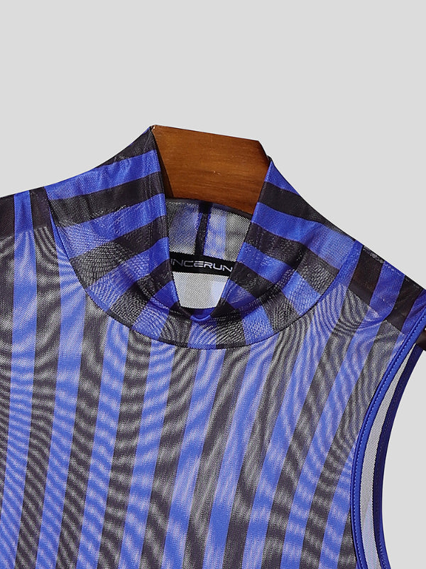 Men's Striped Colorblock Sheer Mesh Two Pieces Outfit SKUL23516