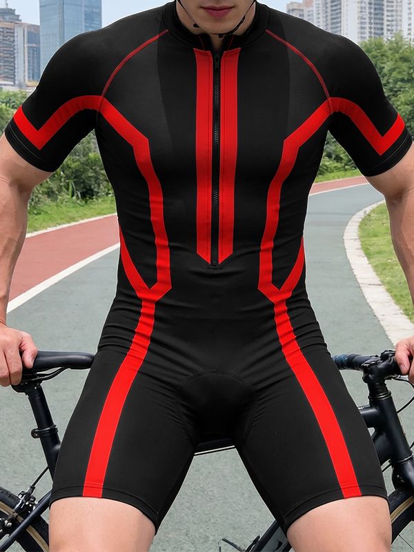 Men's Techwear Cycling Contrast Geometric Stripe Front Zipper Bodysuit SKUL63136