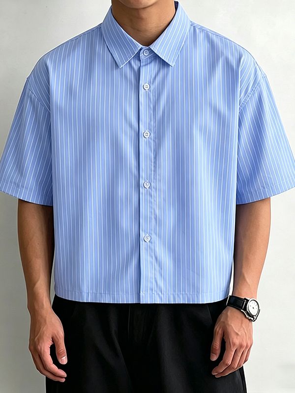 Men's Trendy Casual Lightweight Vertical Striped Boxy Cropped Short Sleeve Shirt SKUL68346