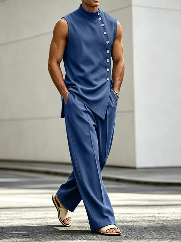 Men's Avant-Garde Casual Asymmetrical Diagonal Button Two Pieces Outfit SKUL74879