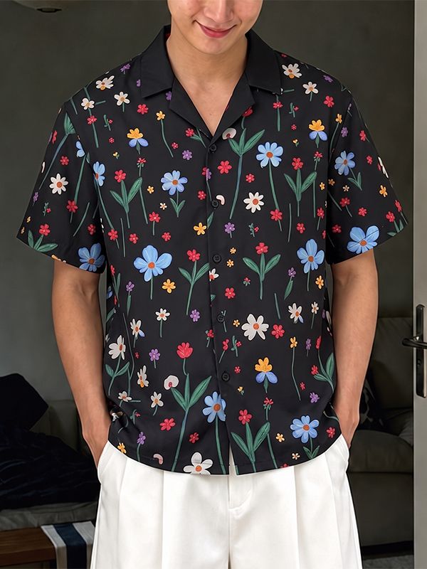 Men's Vintage Holiday Floral Print Camp Collar Short Sleeve Shirt SKUL73591