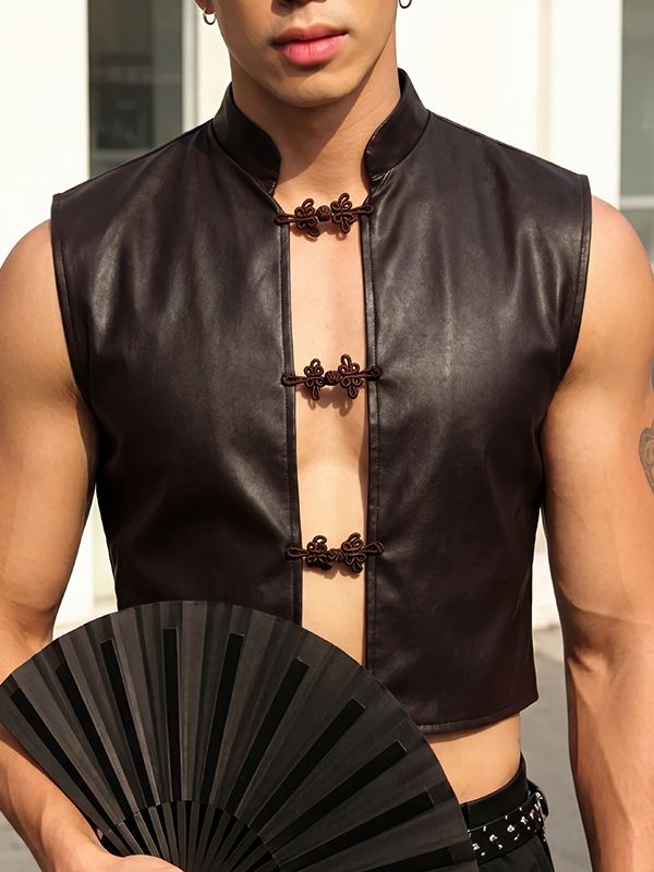Men's Avant-Garde Modern Chinoiserie Faux Leather Frog Button Cropped Waistcoat SKUL64156