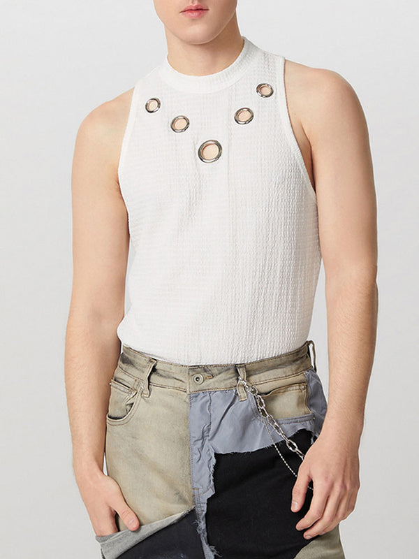 Mens Metal Hole Half-Collar Texture Tank Vest SKUK09326