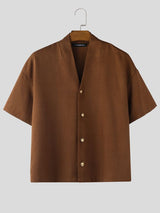 Men's Solid Color V-Neck Short Sleeve Shirt SKUL55448
