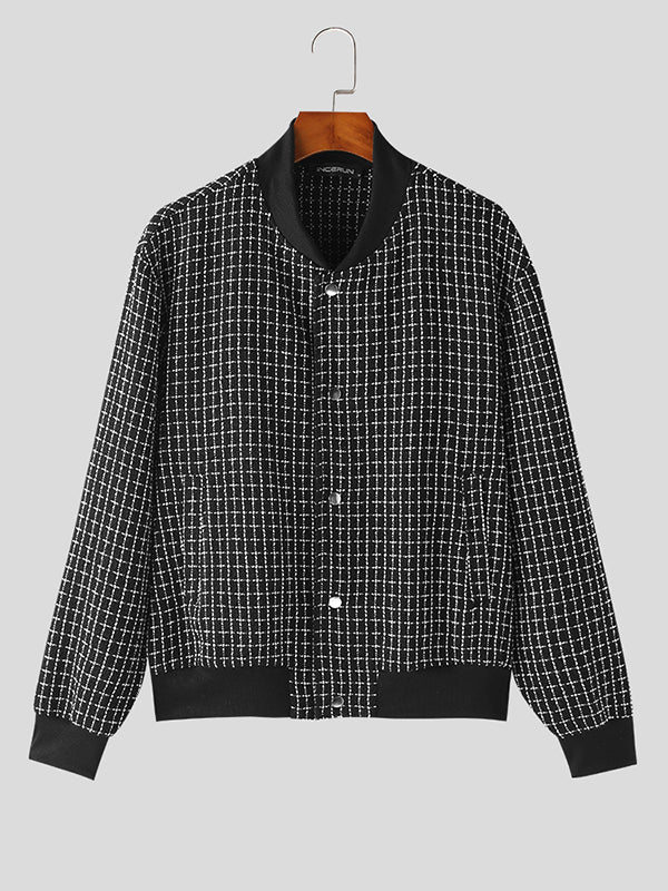 Mens Plaid Baseball Collar Snap Button Jacket SKUK33737