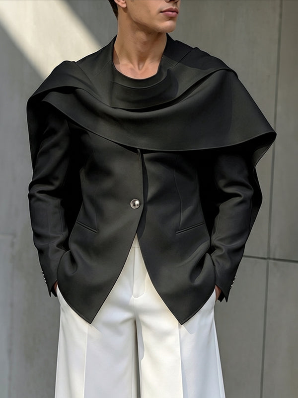 Men's Avant-Garde Runway Sculptural Draped Shawl Cape Single Button Long Sleeve Shawl Collar Blazer SKUL81867
