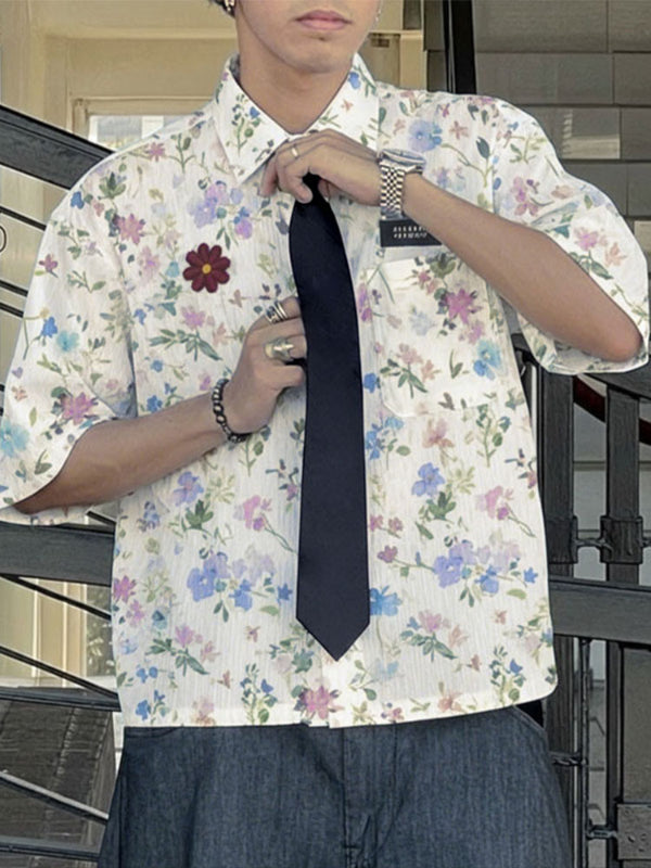 Men's Floral Print Tie Short Sleeve Shirt SKUL36411