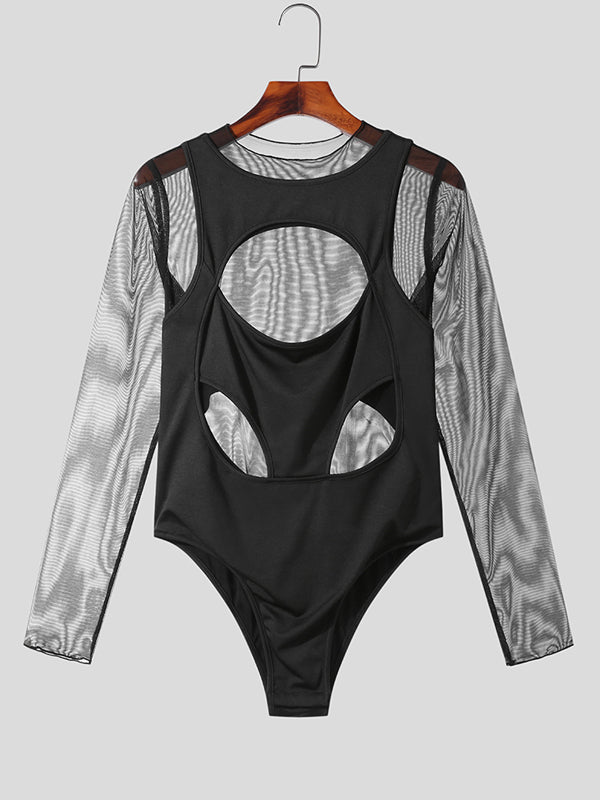 Mens Cutout Mesh Patchwork Long Sleeve Bodysuit SKUK26614